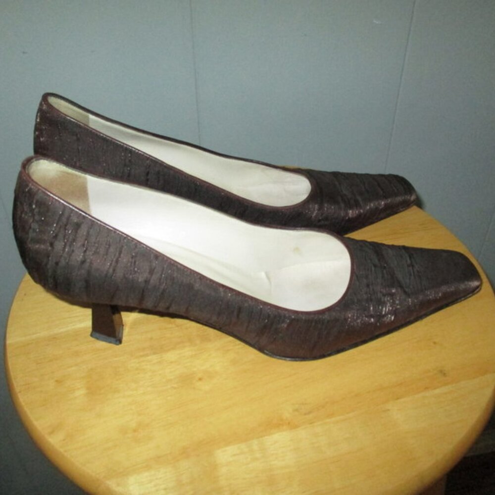 PANCALDI Brown Satin Covered Kitten Heel Pumps